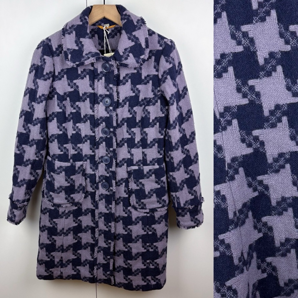 NWT Boden 100% Wool Houndstooth Lavender Purple Long Pea Coat Size 6 Twee
